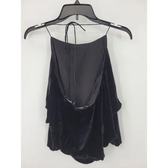 Alice + Olivia Top Womens Small Black Velvet Sleeveless Backless Tiered Halter - Picture 2 of 9